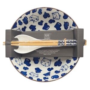 SH Home Cats Hearts Ceramic Ramen Noodle Bowl 42oz With Chopstick And Spoon Blue